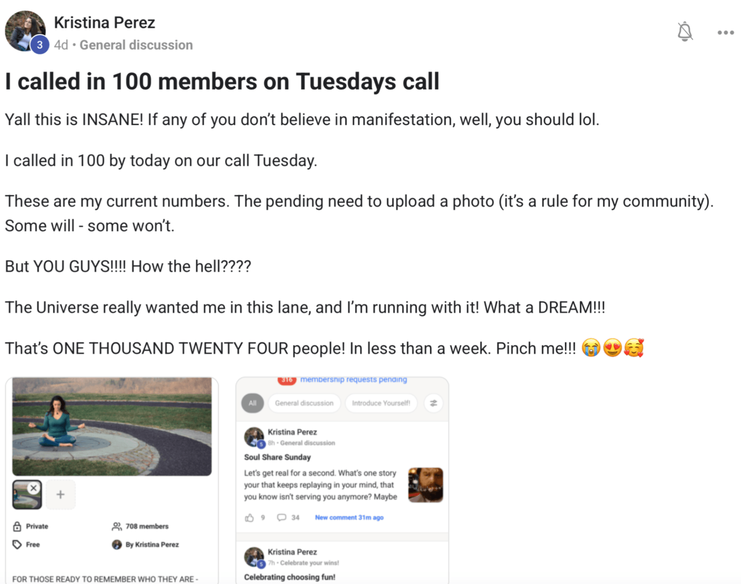 Kristina testimonial about rapid TikTok growth and community reaching 1,024 people in less than a week
