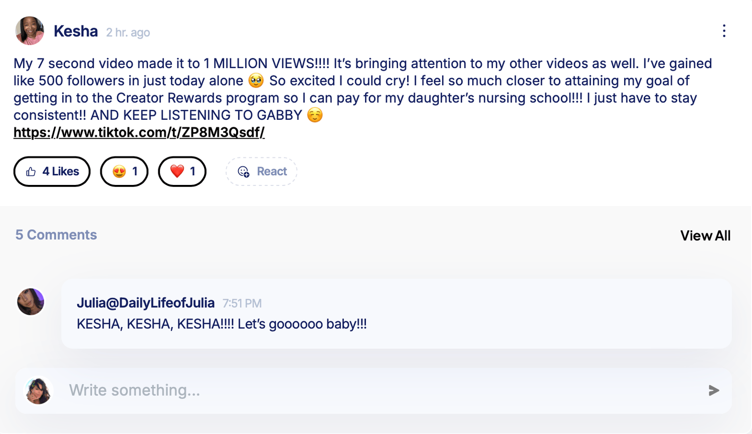 Keisha testimonial about a 7-second TikTok video reaching 1 million views and gaining 500 followers in one day