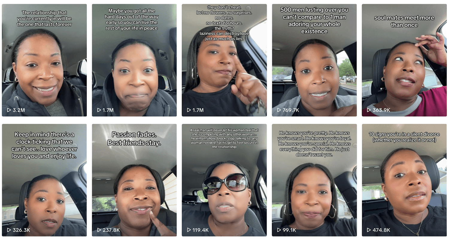Keisha TikTok profile showing multiple videos with views ranging from 100K to 3.2 million