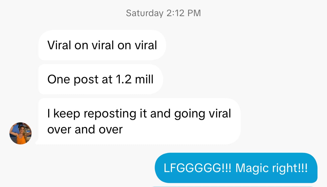 Courtney testimonial about repeated viral TikTok posts including 1.2 million views and ongoing repost success