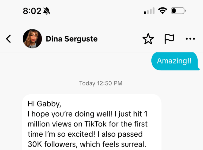 Dina shares milestone of first TikTok video reaching 1 million views and passing 30,000 followers