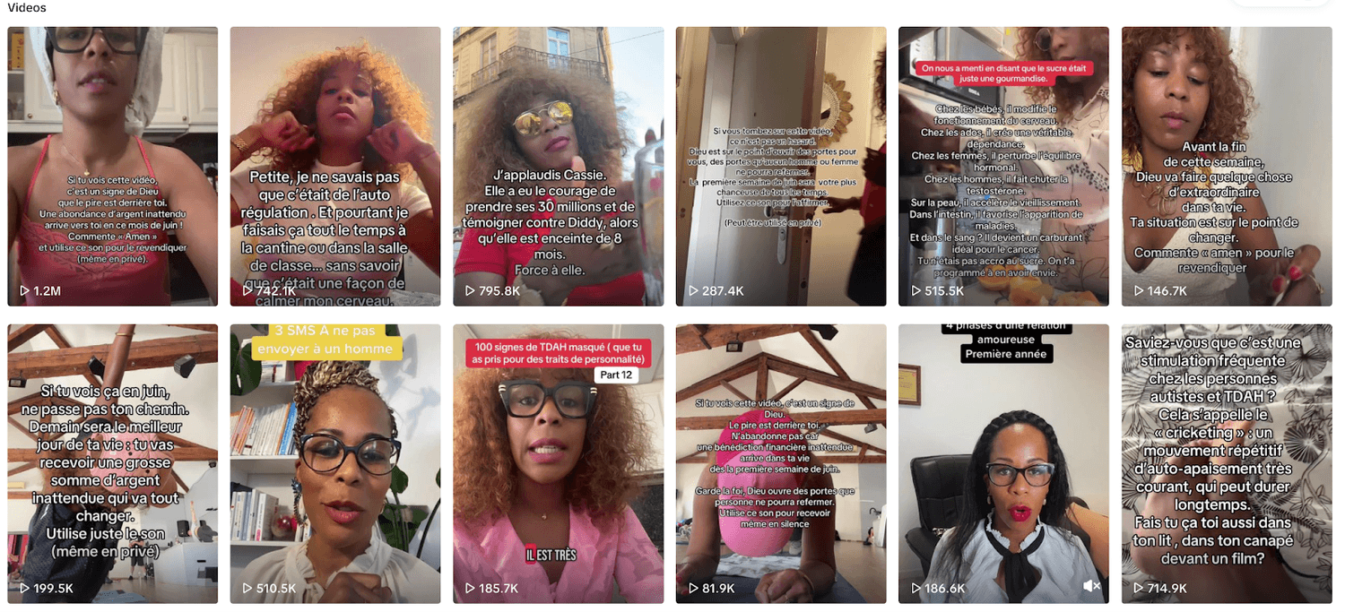 Dina TikTok profile showing multiple videos ranging from 20K to 1.2 million views