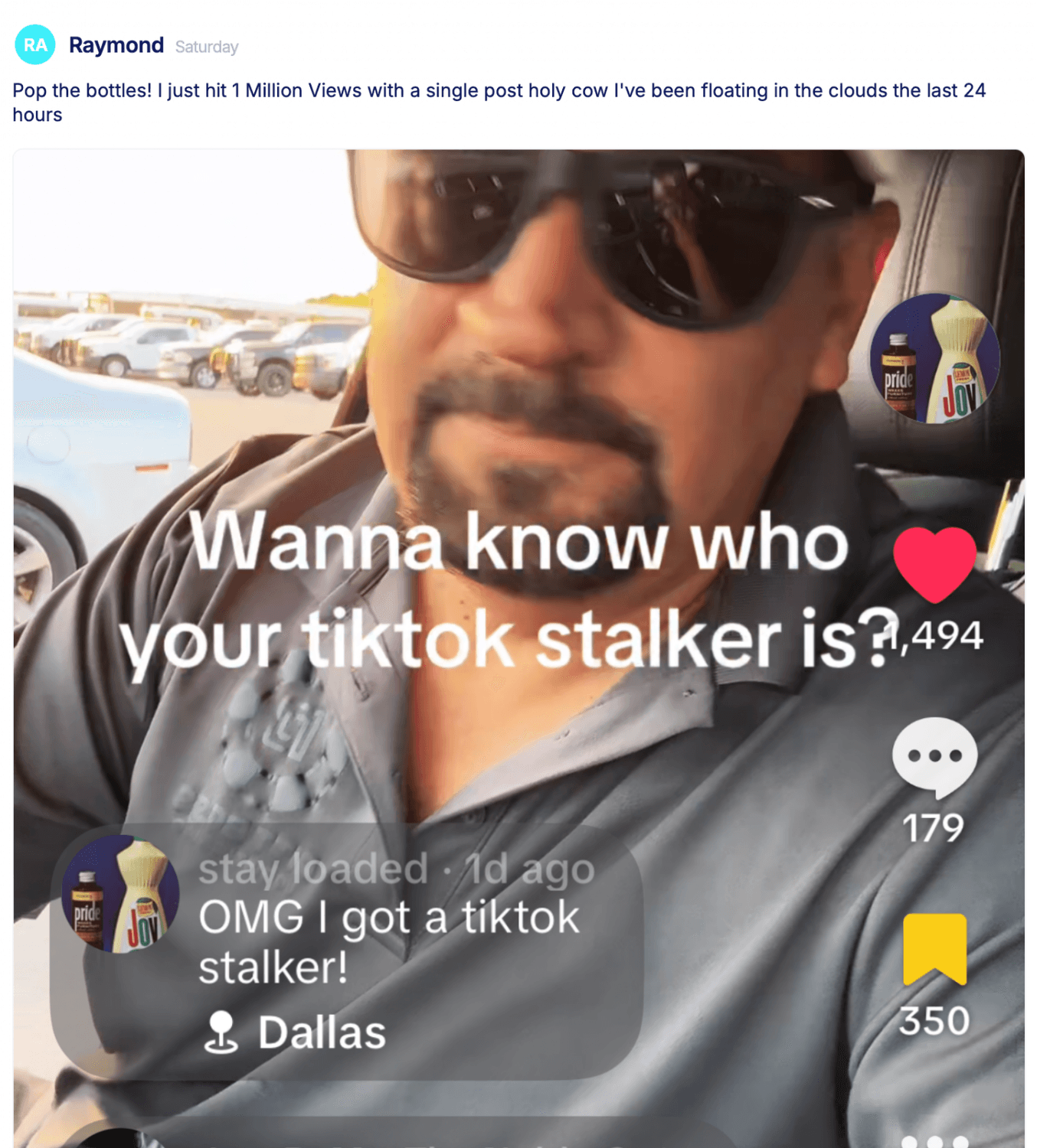 Ray celebrates reaching 1 million views on a single TikTok post