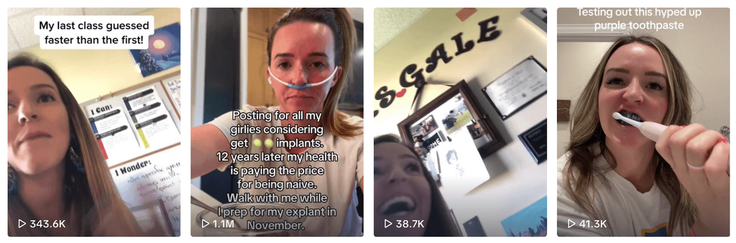 Catelyn TikTok profile showing four videos with views ranging from 38K to 1.1 million