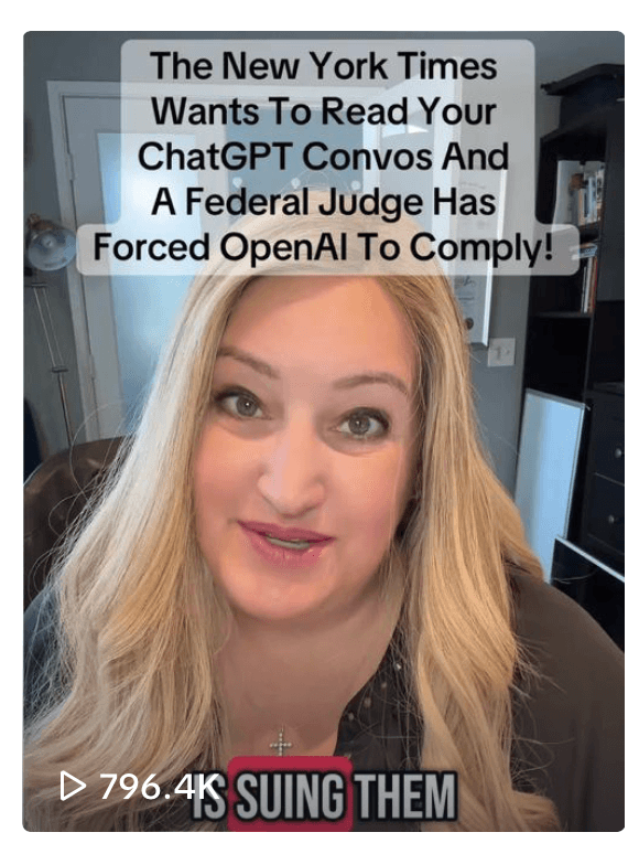 Stephanie TikTok video about ChatGPT and New York Times topic reaching 796,000 views