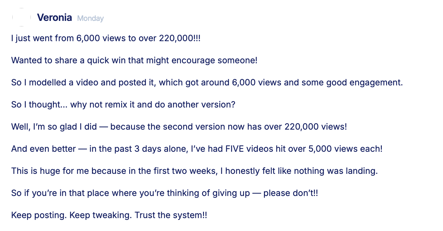 Veronica shares TikTok growth results increasing from 6,000 to over 220,000 views after remixing a video strategy