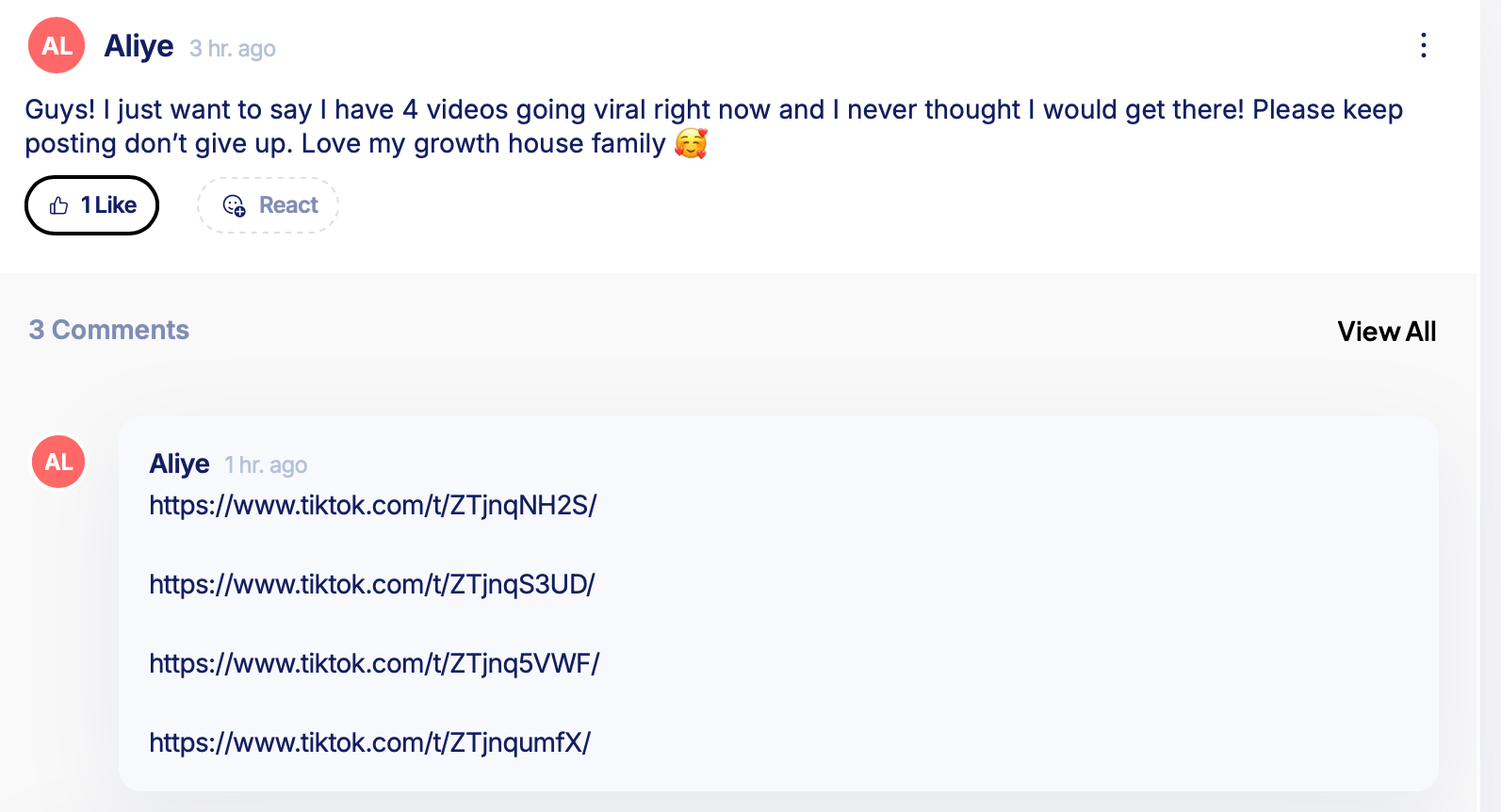 Aliye shares testimonial about having four TikTok videos going viral while using Growth House system