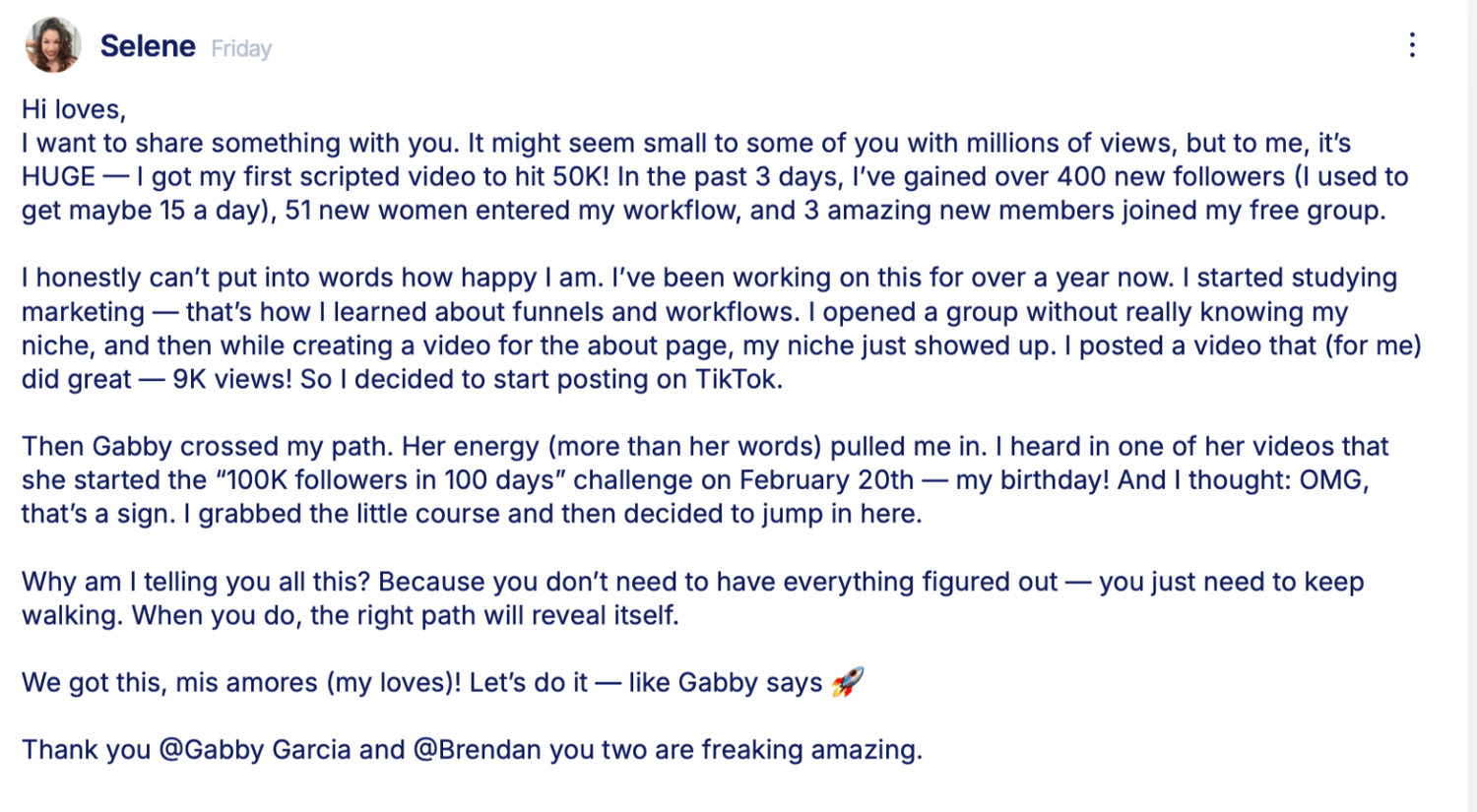 Selly shares testimonial about first scripted video reaching 50K views and gaining followers through Growth House system