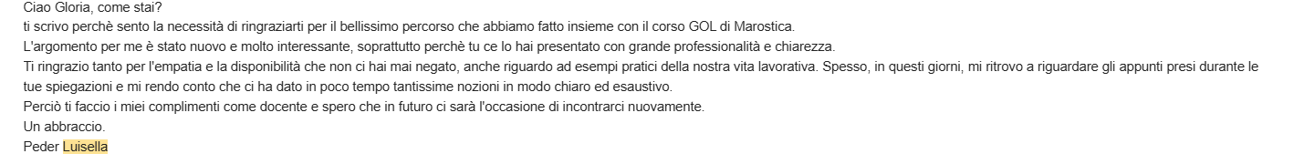 Luisella racconta un percorso di formazione con professionalità, chiarezza, empatia ed esempi pratici.