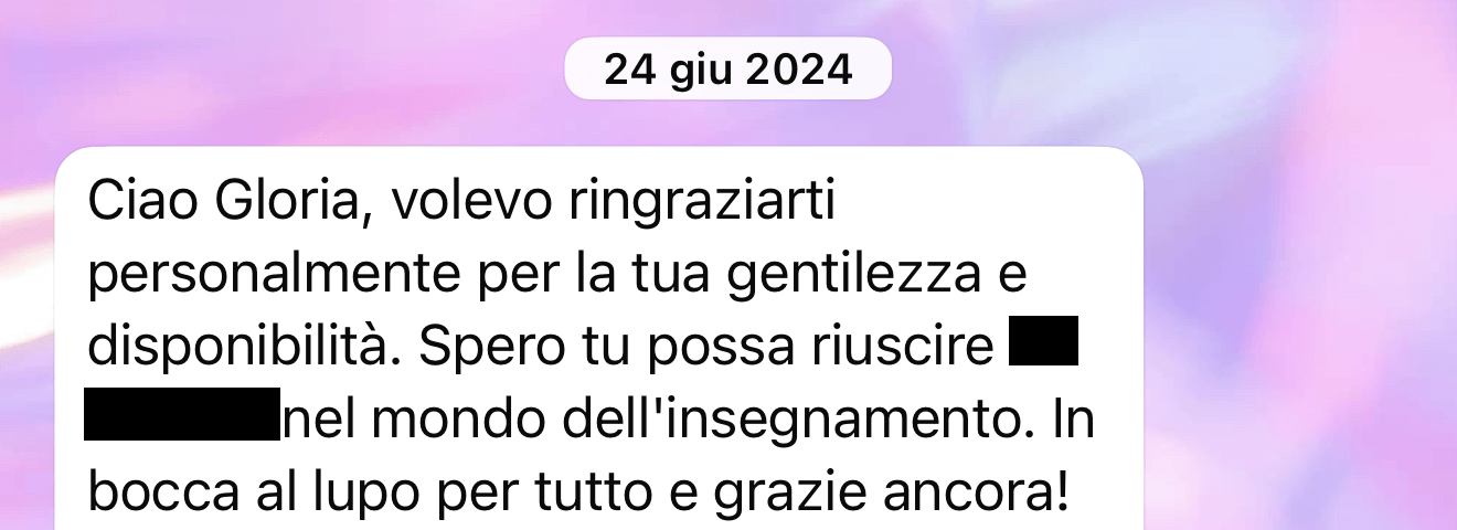 Un messaggio di ringraziamento per la gentilezza e la disponibilità di Gloria.