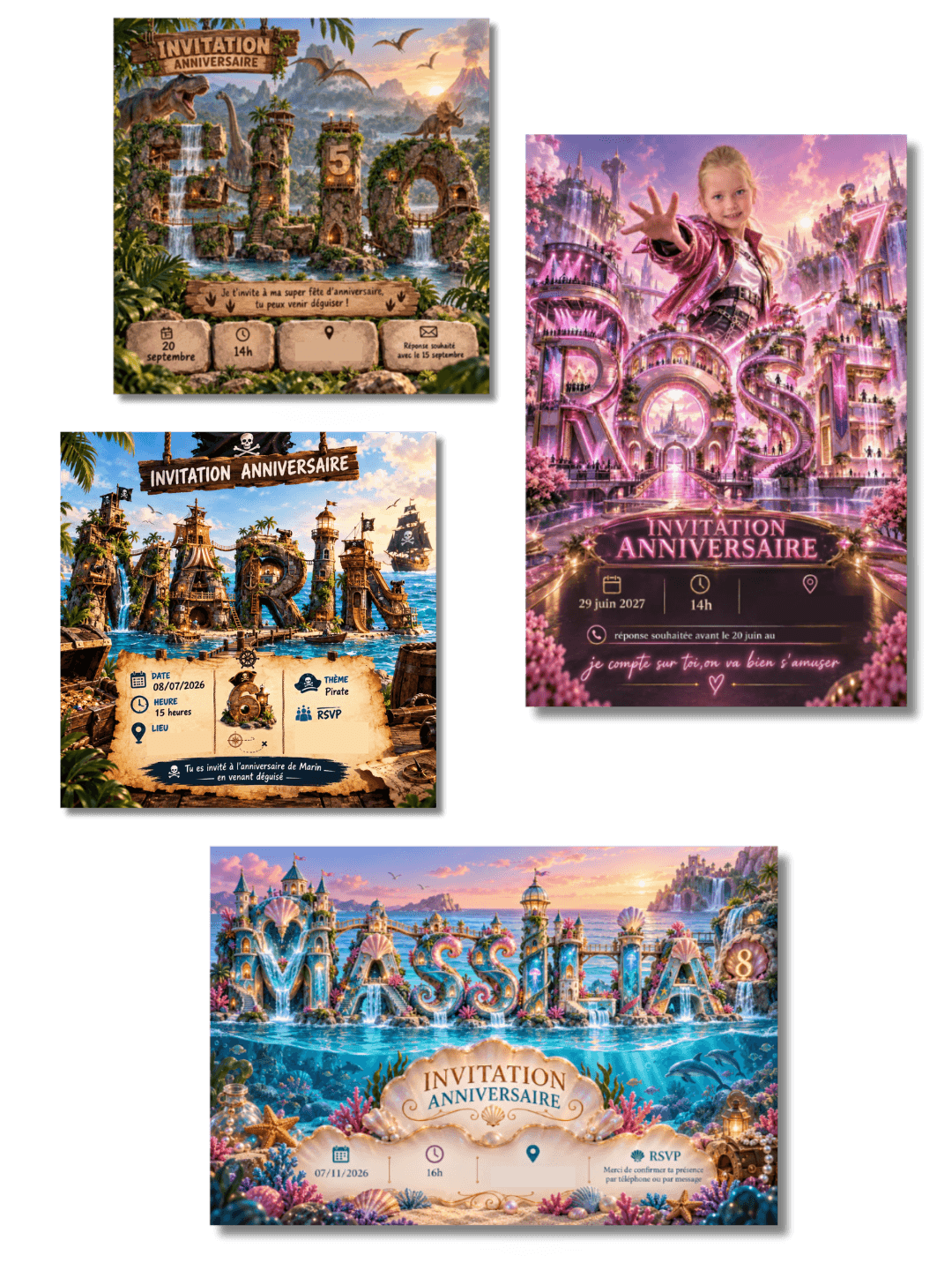 Collage de 4 exemples d'invitations générées avec L'Effet Héros