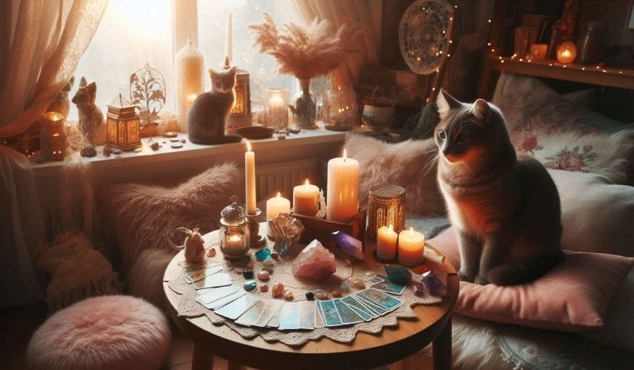 A peaceful, sacred space set up for tarot reading with candles, crystals, and calming ambiance.