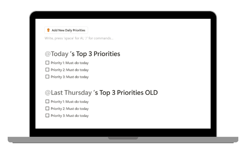Notion template daily action planner
