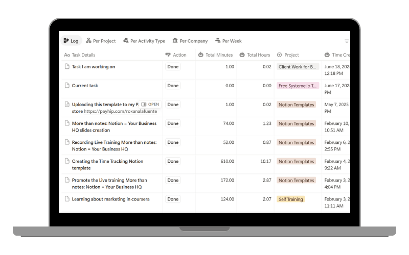 Notion template spontaneous time tracker