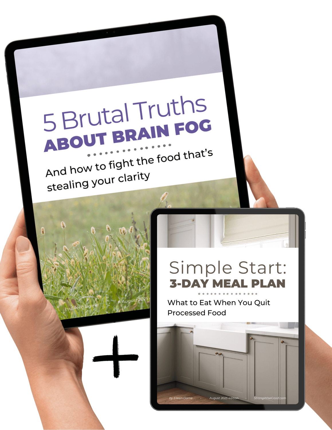 cover of 5 Brutal Truths about Brain Fog and how to fight the food that's stealing your clarity plus Simple Start 3-Day Meal Plan: What to Eat When You Quit Processed Food, digital resources by Strong Wise Good
