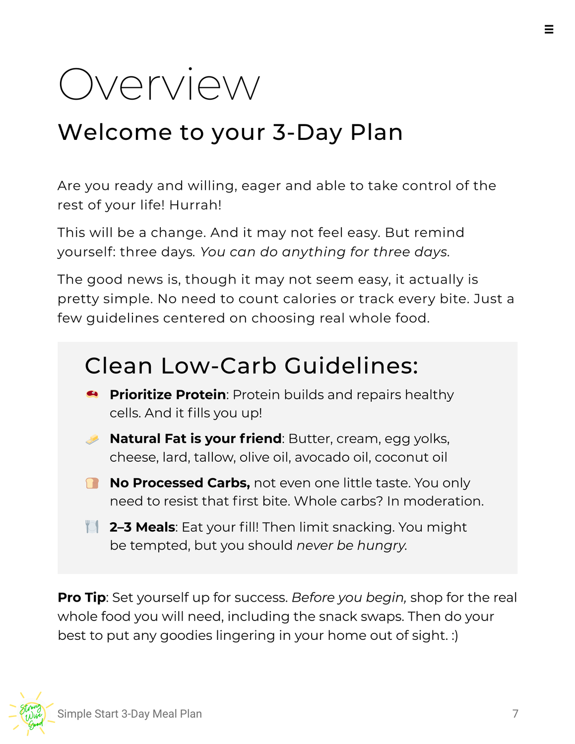 sample page from Simple Start 3-Day Meal Plan: What to Eat When You Quit Processed Food, a digital resource by Strong Wise Good