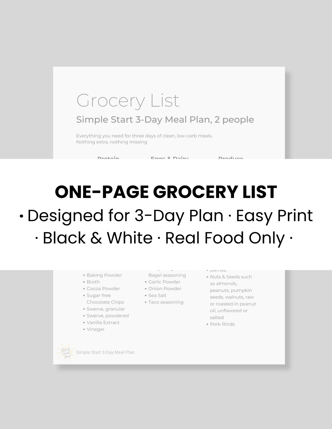 sample page from Simple Start 3-Day Meal Plan: What to Eat When You Quit Processed Food, a digital resource by Strong Wise Good