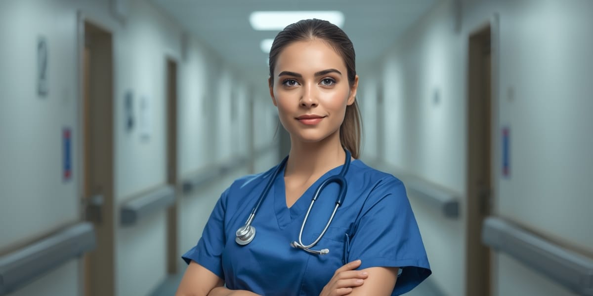 confident nurse in scrubs, hospital corridor, calm determined expression, professional photography