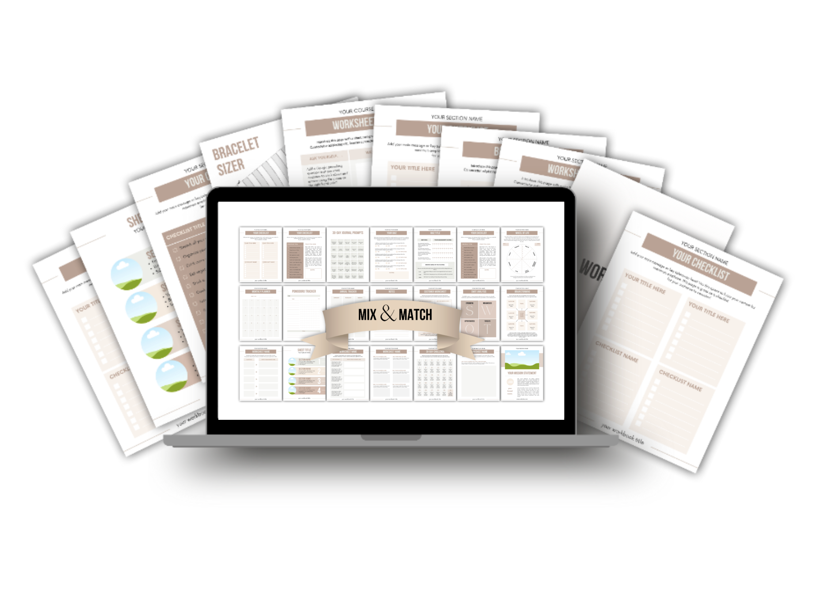 Digital product ideas including planners, journals, trackers, cards, to resell as your own