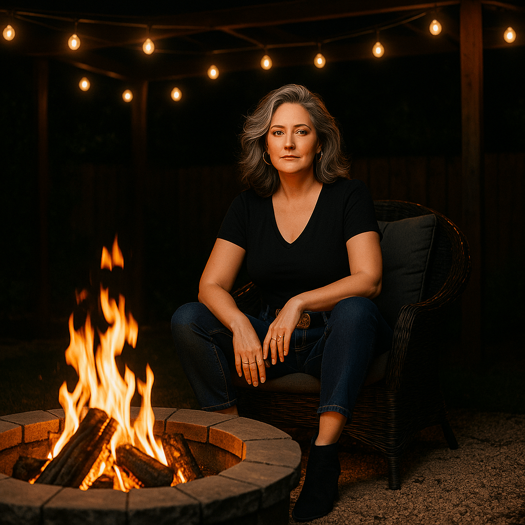Nighttime backyard reset scene with woman by fire pit—reflects Summer Session vibe.