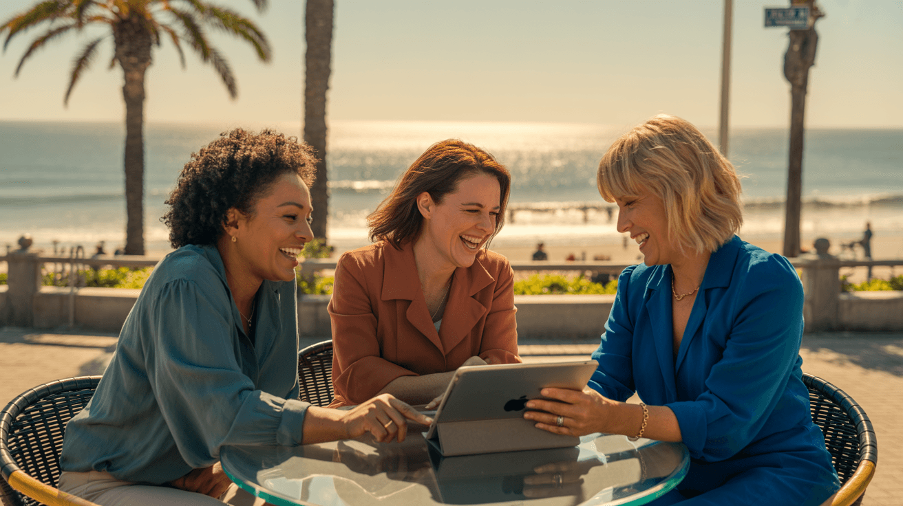 Women collaborating at the beach