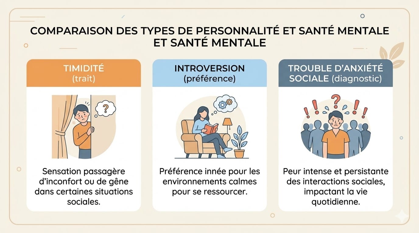 Timidité introversion anxiété sociale — les différences expliquées simplement