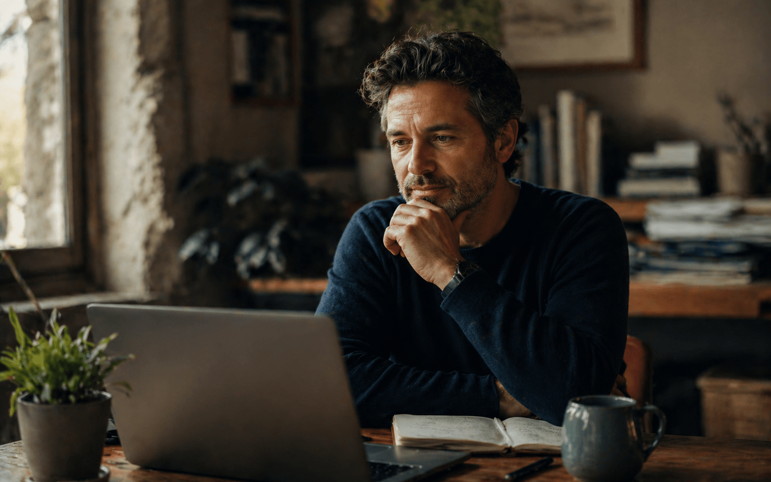 Cadre face à son ordinateur en pleine introspection sur son manque de confiance au travail, avant un coaching à Vannes