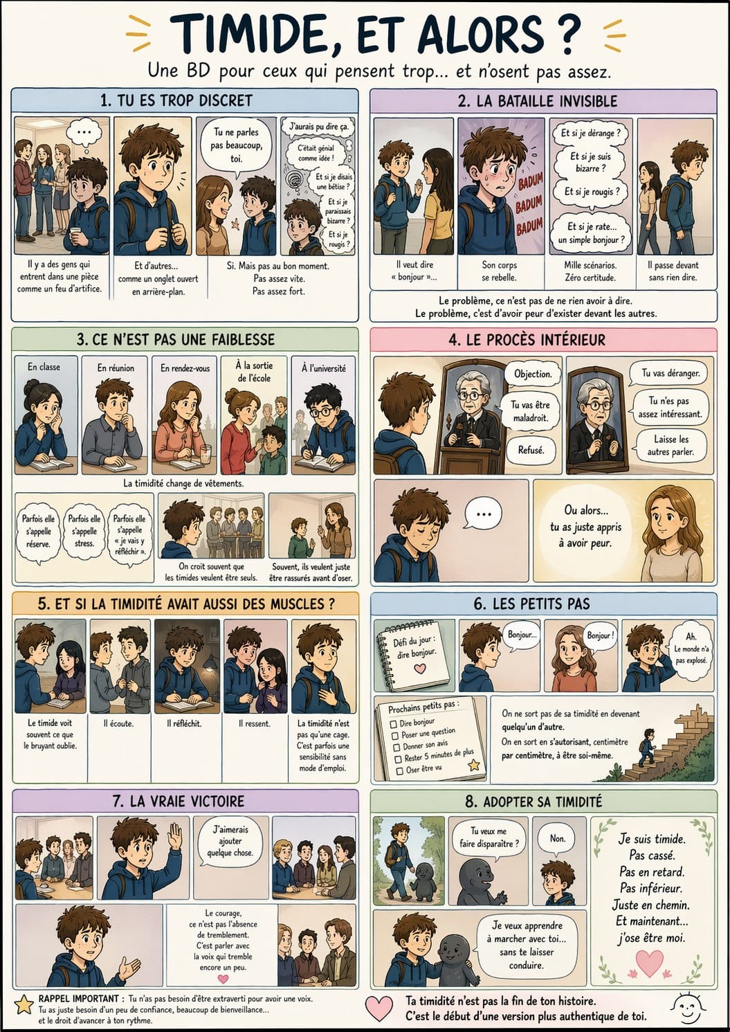 BD sur la timidité, la peur du jugement et les phrases que les personnes timides entendent souvent
