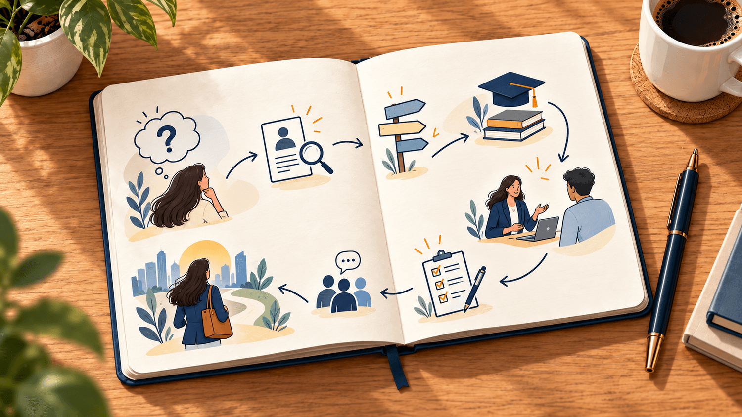 Plan de reconversion professionnelle esquissé dans un carnet ouvert sur un bureau en bois