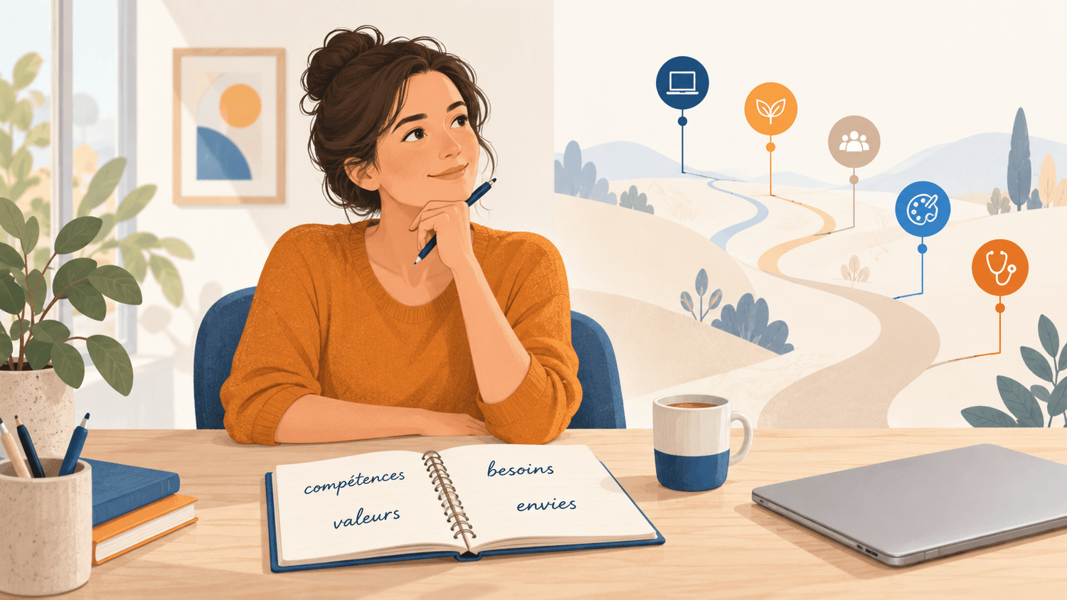 Personne faisant le point sur ses valeurs, ses compétences et ses envies avant une reconversion professionnelle