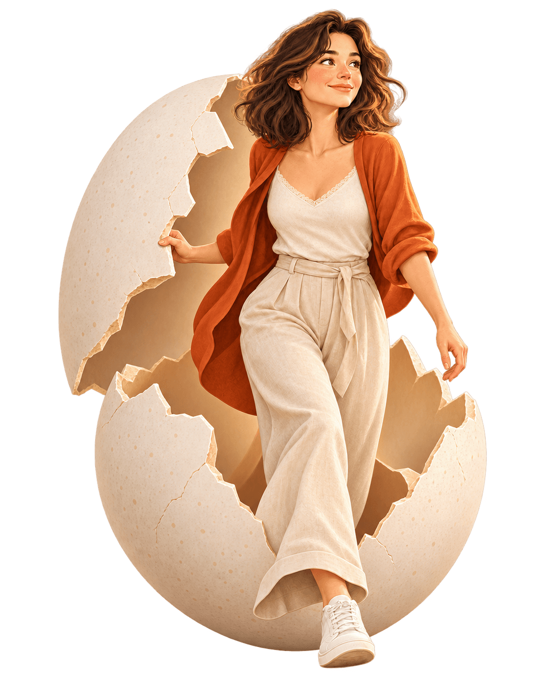 Femme sortant d’un œuf fissuré, symbole du dépassement de la timidité