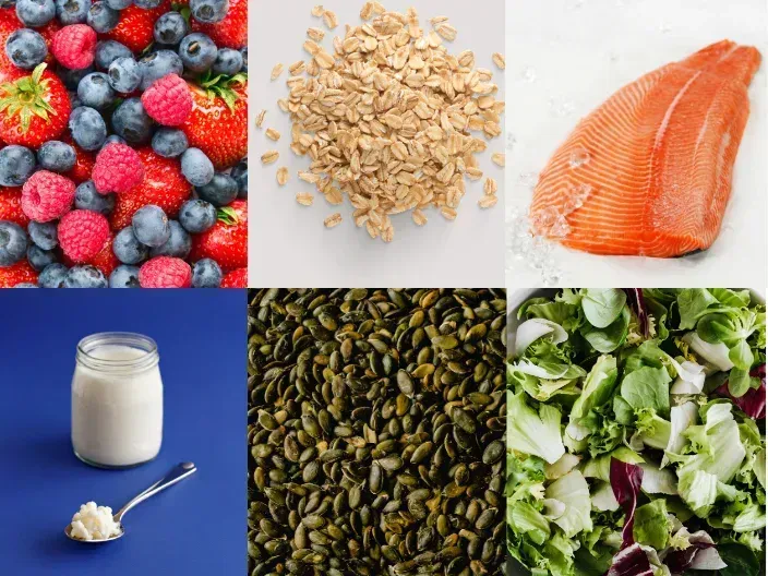 gut-friendly foods including berries, oats, leafy greens, kefir, and salmon