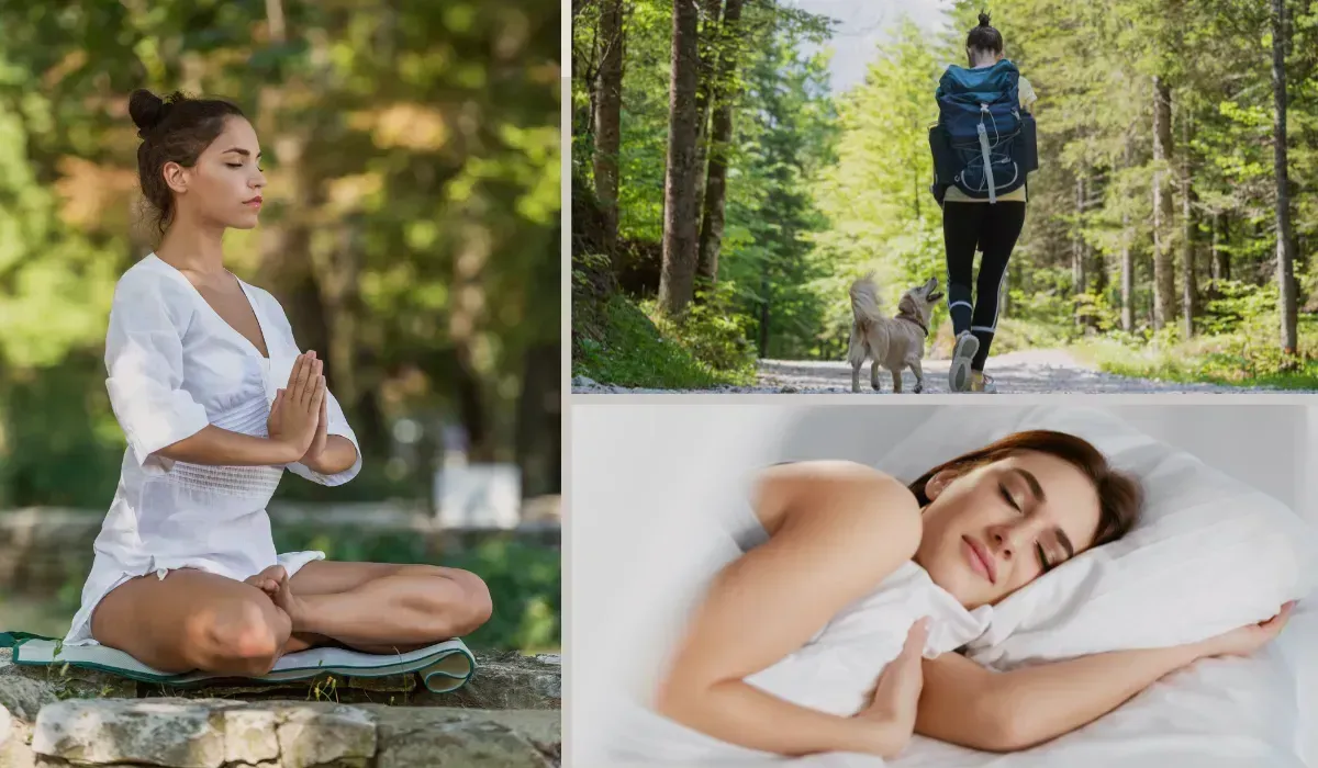 Collage showing sleep, mindful breathing, and movement to support gut and immune resilience