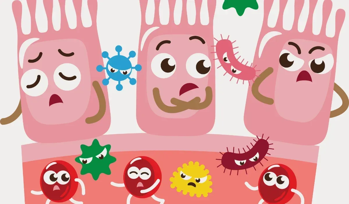 Illustration of diverse gut bacteria inside the digestive tract