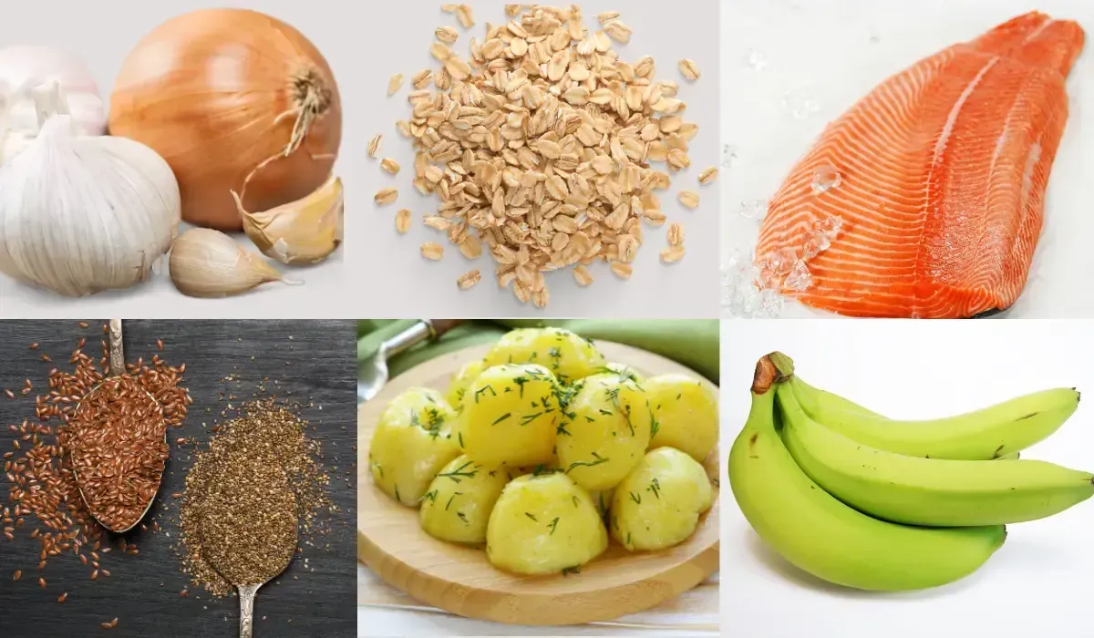 Prebiotic-rich foods like onion, garlic, oats, and bananas that support gut bacteria diversity