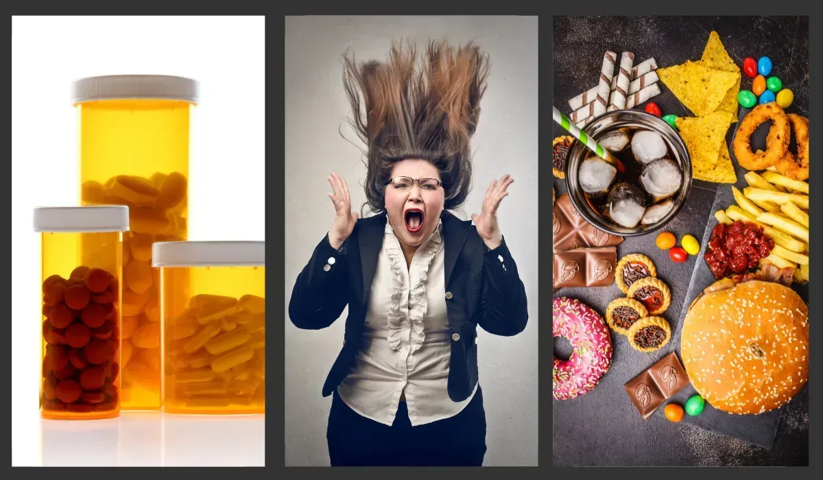 Illustration of stress,, and medication as root causes of SIBO and IBS.”Comparison chart showing symptoms of hydrogen, methane, and hydrogen sulfide SIBO