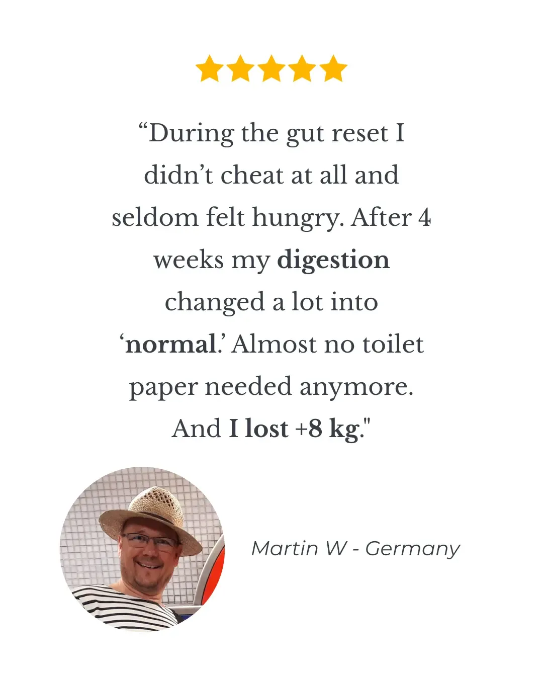 Review describing normal digestion and 8kg weight loss after the 28 Day Gut Reset