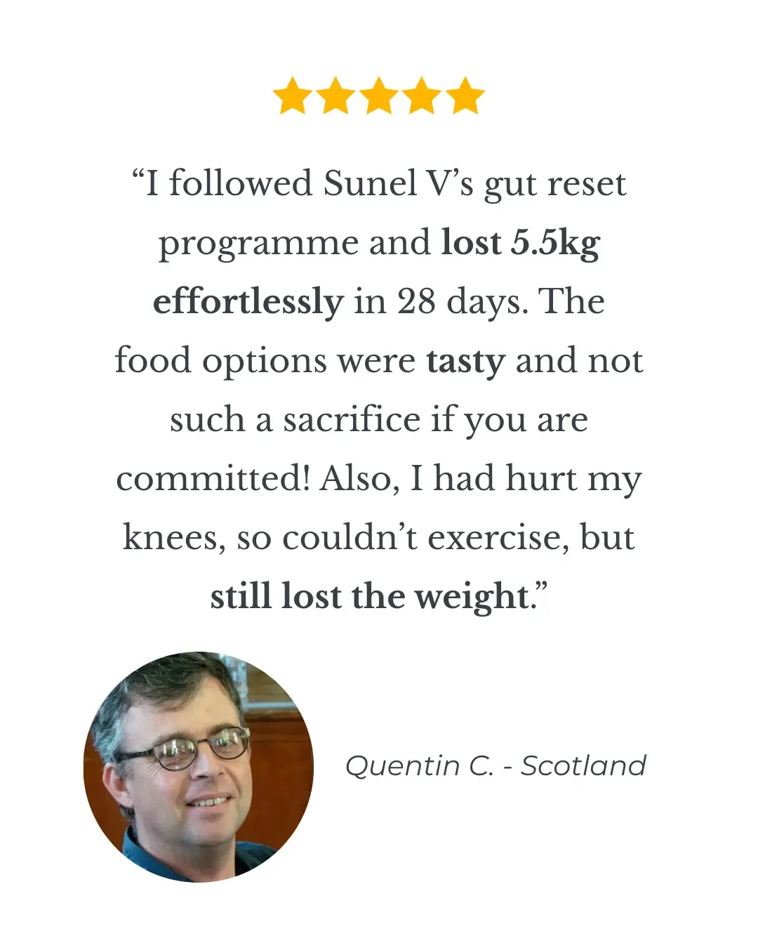 Review from Quentin describing 5.5kg weight loss and tasty food after the 28 Day Gut Reset