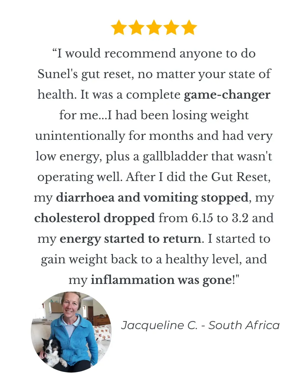 Review describing no more diarrhoea or vomiting, lower cholesterol, lower inflammation and good energy after the 28 Day Gut Reset