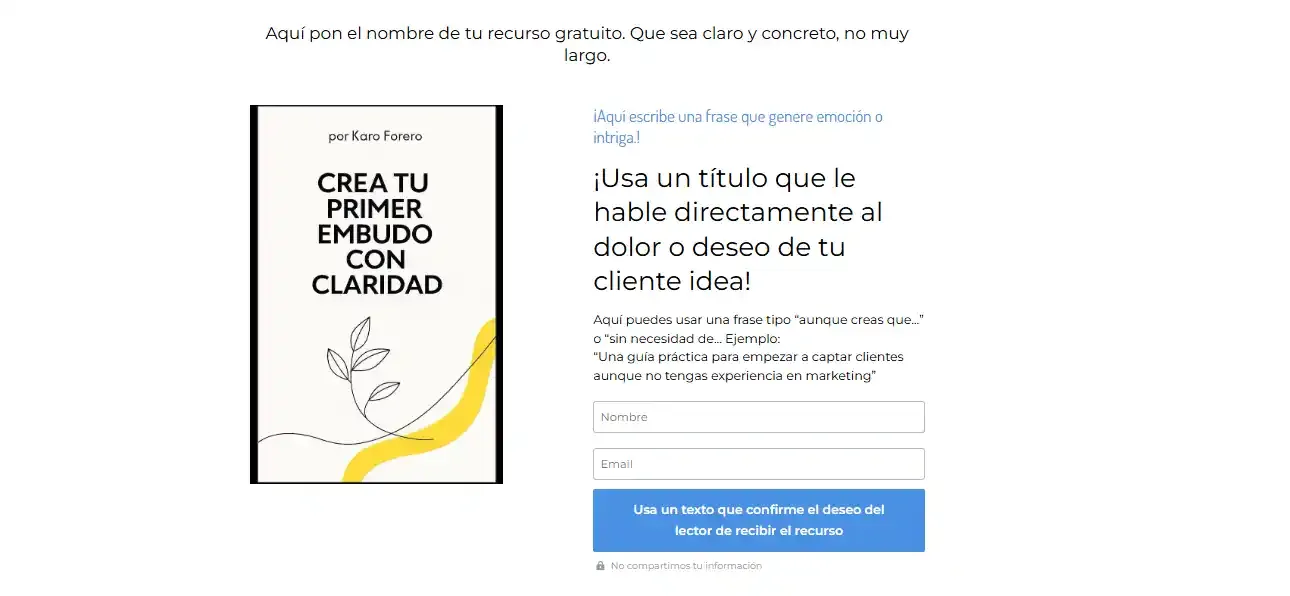 Ejemplo de página de captación para construir base de datos en un negocio digital