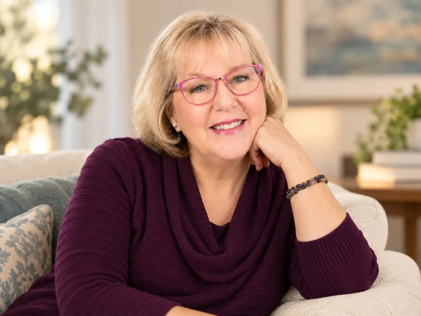 Willow Sibert smiling in her pink glasses, seated comfortably at home