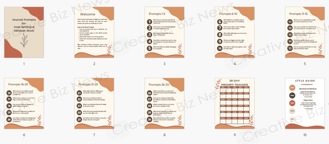 screenshot of pages included in the goal setting and mindset work journal prompt package