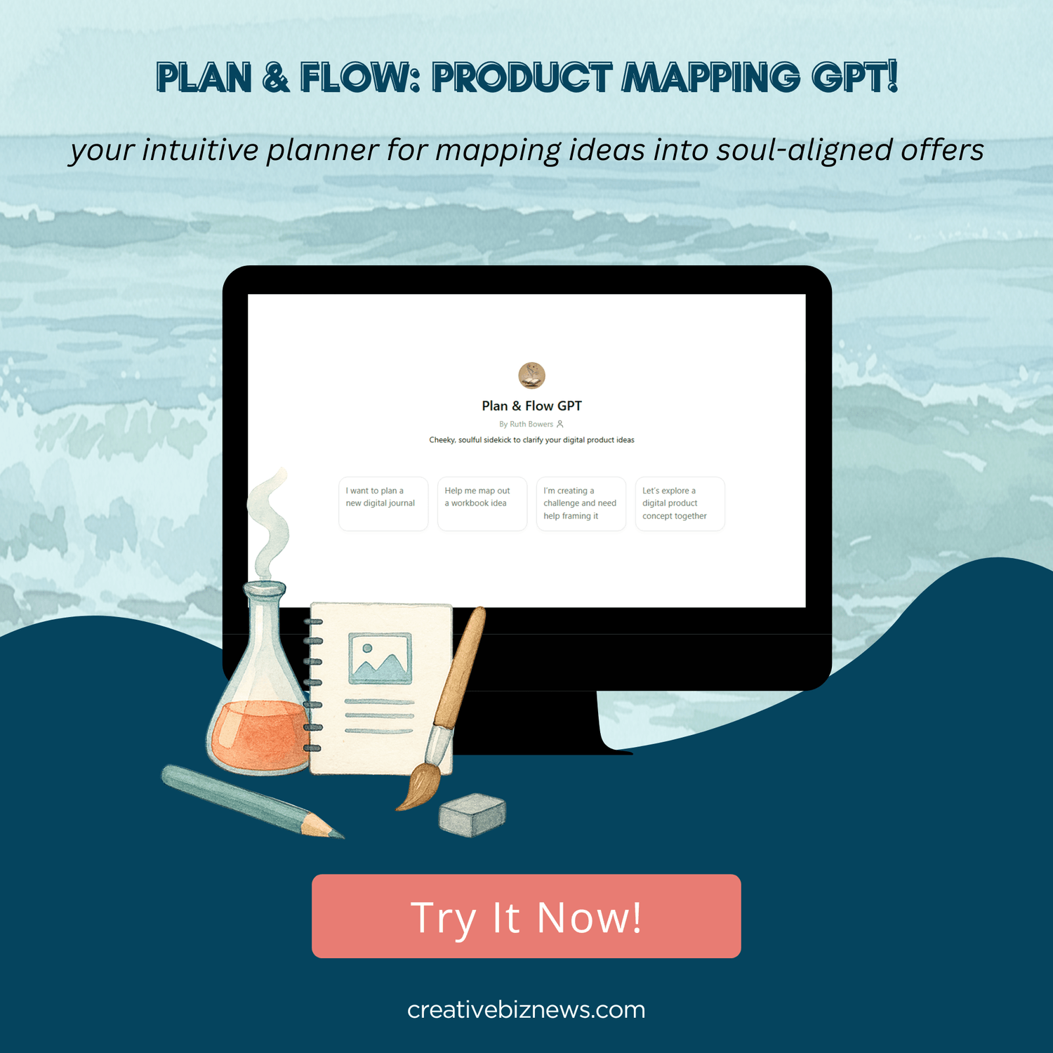 mockup image of Plan & Flow GPT showing computer monitor on a watery background