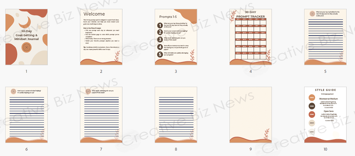 screenshot of pages included in the goal setting and mindset work journal prompt package