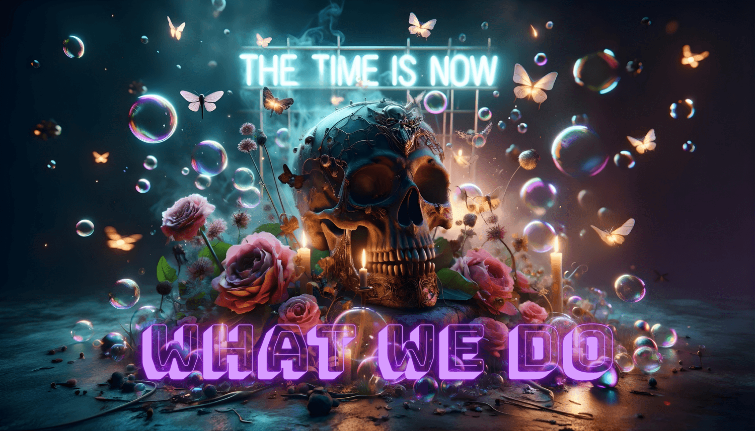 Surreal Bardo Café “What We Do” image with skull, roses, candles, butterflies, bubbles, and neon text reading “The Time Is Now.”