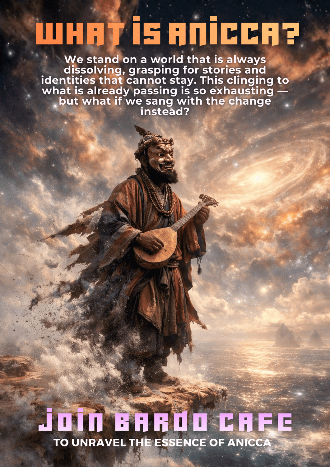 Bardo Café anicca teaching image with a masked bard, cosmic ocean landscape, and text inviting reflection on impermanence and change.