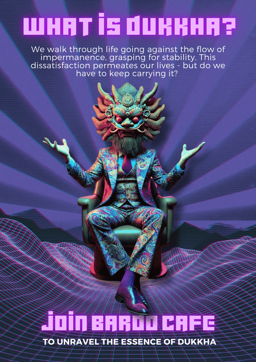Bardo Café dukkha teaching image with a masked bard figure, synthwave grid landscape, and text inviting reflection on impermanence and dissatisfaction.
