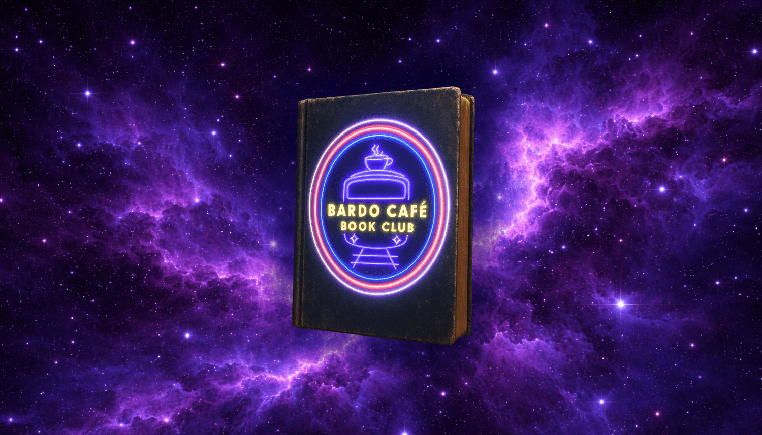 A floating book with a neon Bardo Café Book Club logo set against a purple cosmic nebula and star-filled sky.
