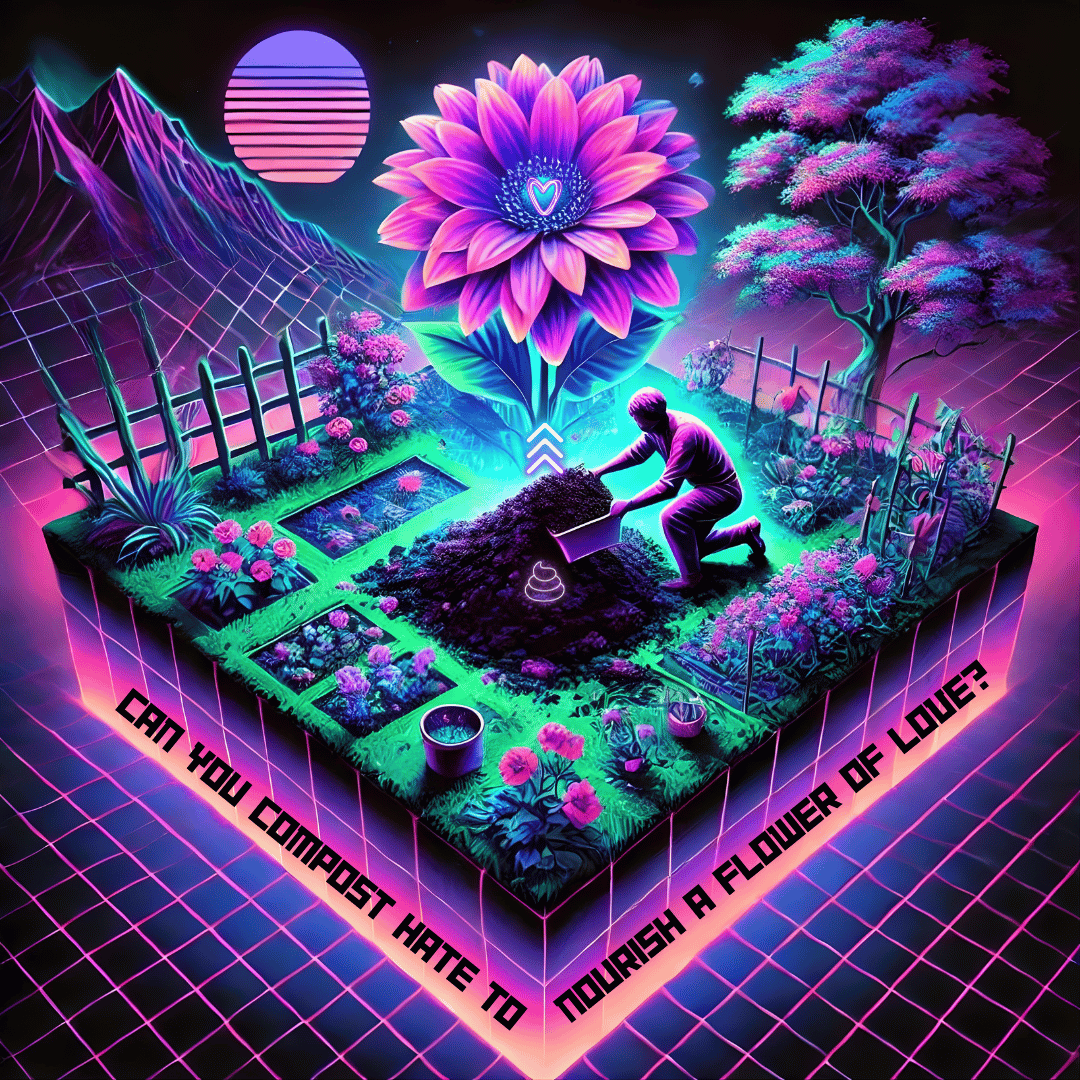 Bardo Café Book Club quote image inspired by No Mud, No Lotus, showing a neon garden, glowing flower, and reflection on transforming hate into love.