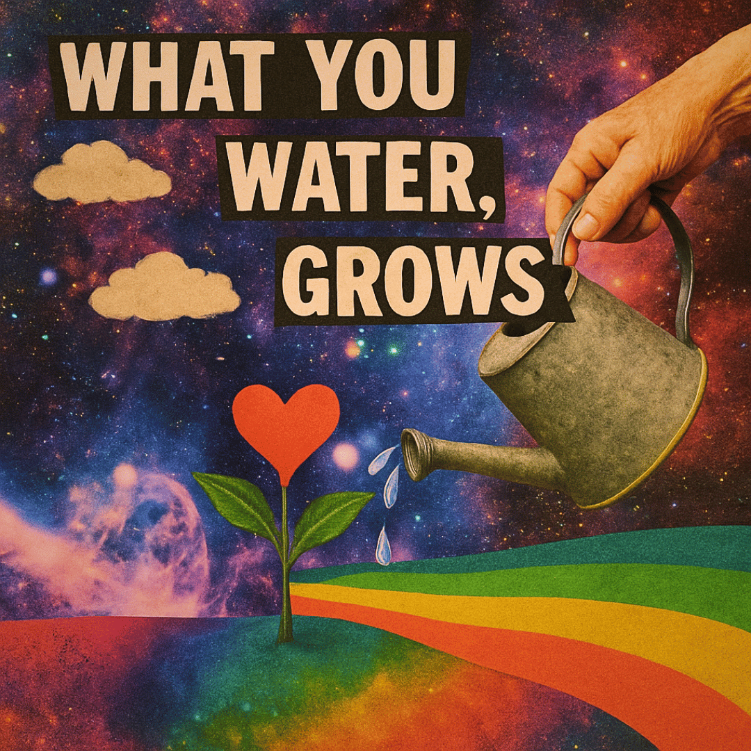 Bardo Café Book Club quote image inspired by No Mud, No Lotus, showing a watering can nourishing a heart-shaped flower with the message “What you water, grows.”